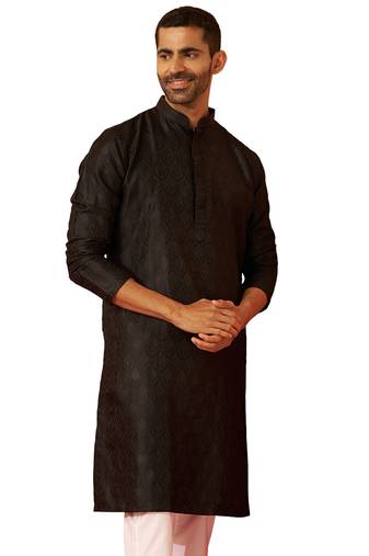 Men black silk fancy jacquard kurta - premium katan ethnic motif wedding wear