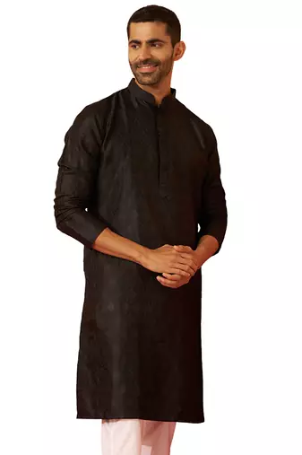 Men black silk fancy jacquard kurta - premium katan ethnic motif wedding wear