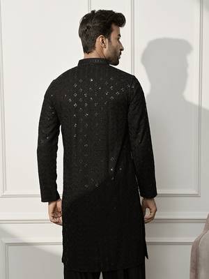Men black rayon sequin embroidered kurta - festive wedding party wear long kurta with mandarin collar 5
