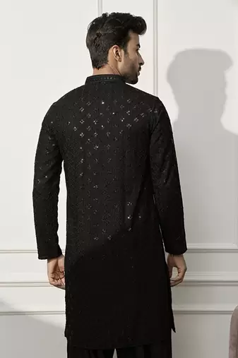 Men black rayon sequin embroidered kurta - festive wedding party wear long kurta with mandarin collar