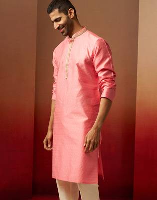Men pink silk anmol jacquard kurta - premium ethnic motif wedding festive wear 5