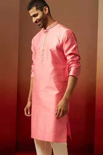 Men pink silk anmol jacquard kurta - premium ethnic motif wedding festive wear