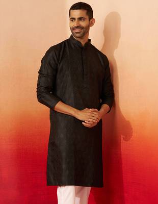 Men black silk fancy jacquard kurta - premium katan ethnic motif wedding wear 2
