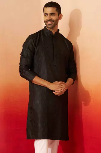 Men black silk fancy jacquard kurta - premium katan ethnic motif wedding wear