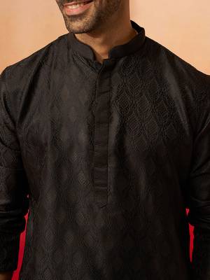 Men black silk fancy jacquard kurta - premium katan ethnic motif wedding wear 3