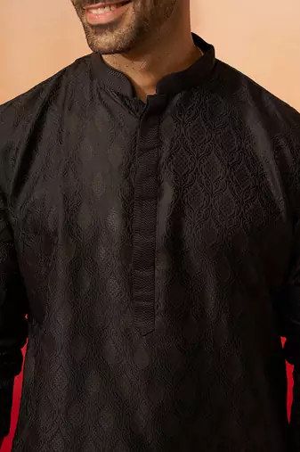 Men black silk fancy jacquard kurta - premium katan ethnic motif wedding wear