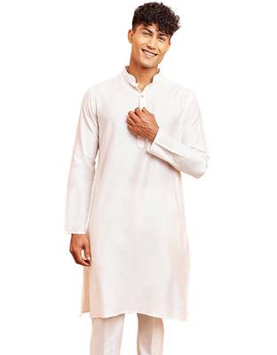 Men white viscose kurta - long sleeve mandarin collar festive wedding traditional ethnic wear 1