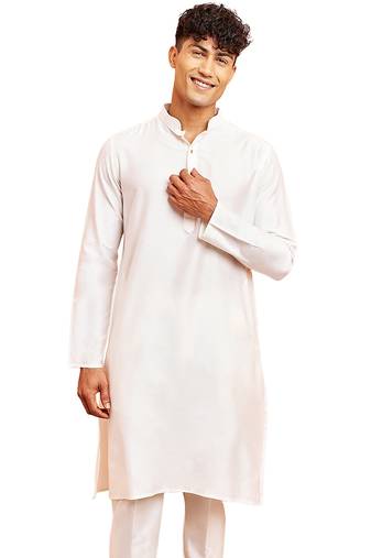 Men white viscose kurta - long sleeve mandarin collar festive wedding traditional ethnic wear