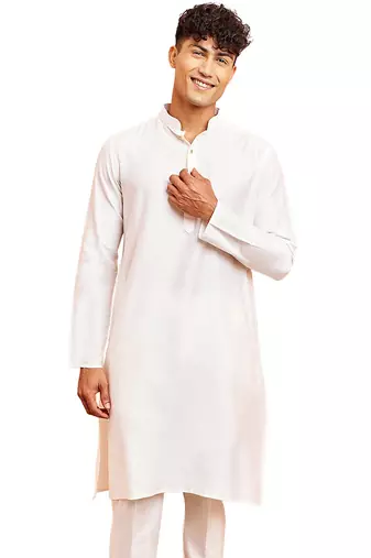 Men white viscose kurta - long sleeve mandarin collar festive wedding traditional ethnic wear