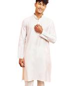 Men white viscose kurta - long sleeve mandarin collar festive wedding traditional ethnic wear