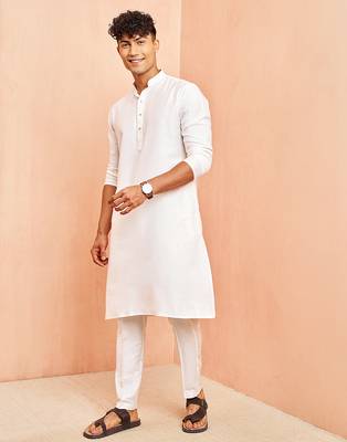 Men white viscose kurta - long sleeve mandarin collar festive wedding traditional ethnic wear 2