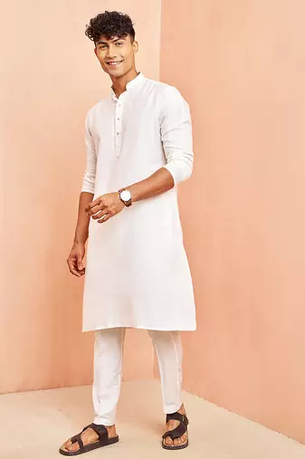 Men white viscose kurta - long sleeve mandarin collar festive wedding traditional ethnic wear