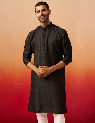 Men black silk fancy jacquard kurta - premium katan ethnic motif wedding wear 4