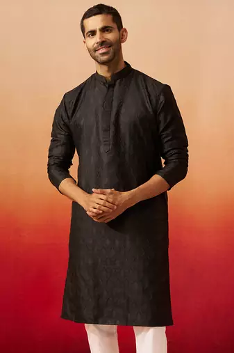 Men black silk fancy jacquard kurta - premium katan ethnic motif wedding wear