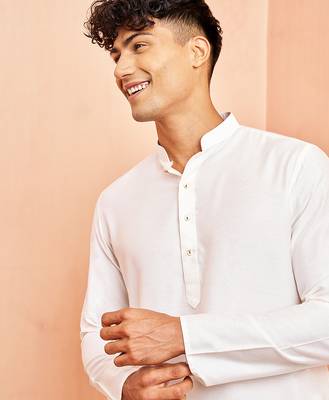 Men white viscose kurta - long sleeve mandarin collar festive wedding traditional ethnic wear 3