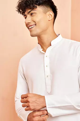 Men white viscose kurta - long sleeve mandarin collar festive wedding traditional ethnic wear