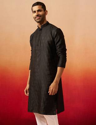 Men black silk fancy jacquard kurta - premium katan ethnic motif wedding wear 5