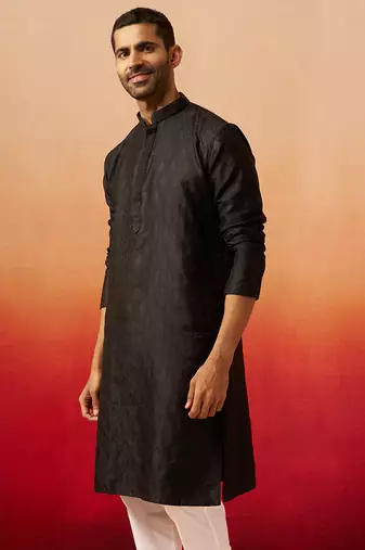 Men black silk fancy jacquard kurta - premium katan ethnic motif wedding wear