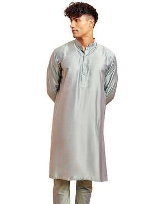 Men silver viscose kurta - long sleeve mandarin collar festive wedding traditional ethnic wear 1