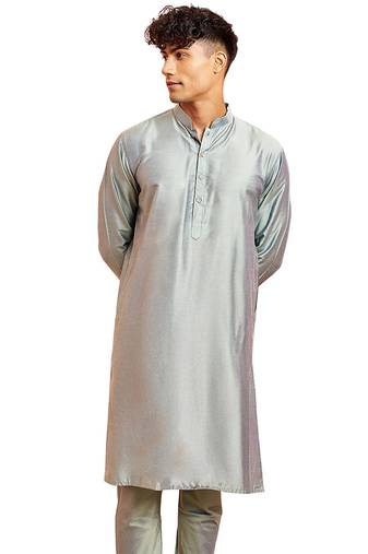 Men silver viscose kurta - long sleeve mandarin collar festive wedding traditional ethnic wear