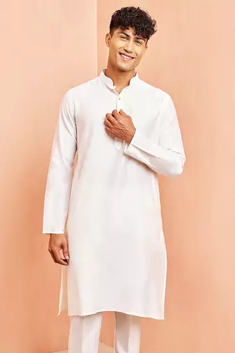 Men white viscose kurta - long sleeve mandarin collar festive wedding traditional ethnic wear