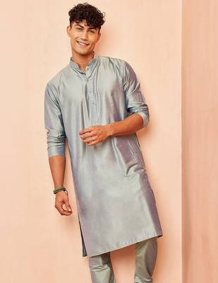 Men silver viscose kurta - long sleeve mandarin collar festive wedding traditional ethnic wear 2