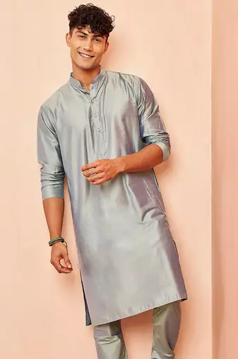 Men silver viscose kurta - long sleeve mandarin collar festive wedding traditional ethnic wear
