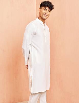 Men white viscose kurta - long sleeve mandarin collar festive wedding traditional ethnic wear 5