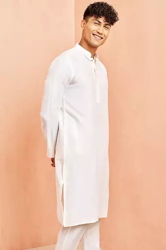 Men white viscose kurta - long sleeve mandarin collar festive wedding traditional ethnic wear