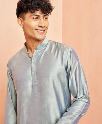 Men silver viscose kurta - long sleeve mandarin collar festive wedding traditional ethnic wear 3