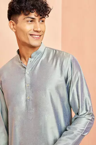 Men silver viscose kurta - long sleeve mandarin collar festive wedding traditional ethnic wear