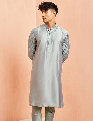 Men silver viscose kurta - long sleeve mandarin collar festive wedding traditional ethnic wear 4