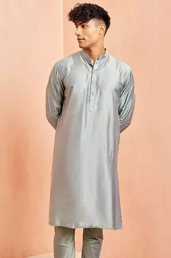Men silver viscose kurta - long sleeve mandarin collar festive wedding traditional ethnic wear