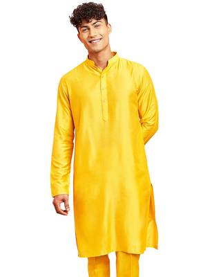 Men yellow viscose kurta - long sleeve mandarin collar festive wedding traditional ethnic wear 1