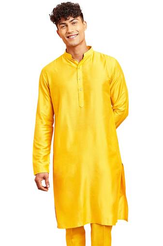Men yellow viscose kurta - long sleeve mandarin collar festive wedding traditional ethnic wear