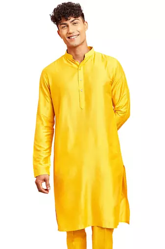 Men yellow viscose kurta - long sleeve mandarin collar festive wedding traditional ethnic wear