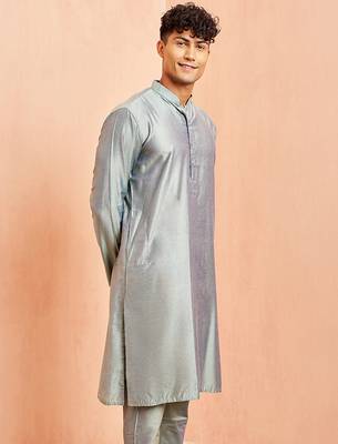 Men silver viscose kurta - long sleeve mandarin collar festive wedding traditional ethnic wear 5