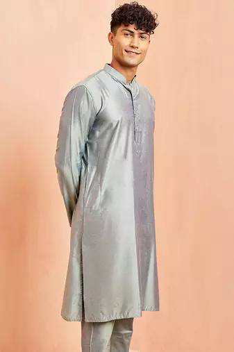 Men silver viscose kurta - long sleeve mandarin collar festive wedding traditional ethnic wear
