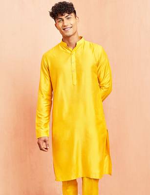 Men yellow viscose kurta - long sleeve mandarin collar festive wedding traditional ethnic wear 2