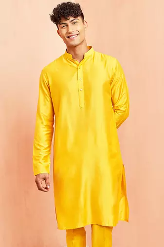 Men yellow viscose kurta - long sleeve mandarin collar festive wedding traditional ethnic wear