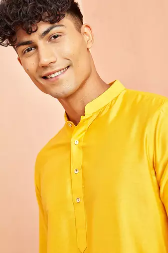 Men yellow viscose kurta - long sleeve mandarin collar festive wedding traditional ethnic wear