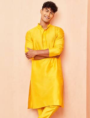 Men yellow viscose kurta - long sleeve mandarin collar festive wedding traditional ethnic wear 4