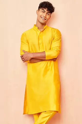 Men yellow viscose kurta - long sleeve mandarin collar festive wedding traditional ethnic wear