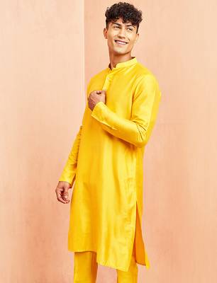 Men yellow viscose kurta - long sleeve mandarin collar festive wedding traditional ethnic wear 5