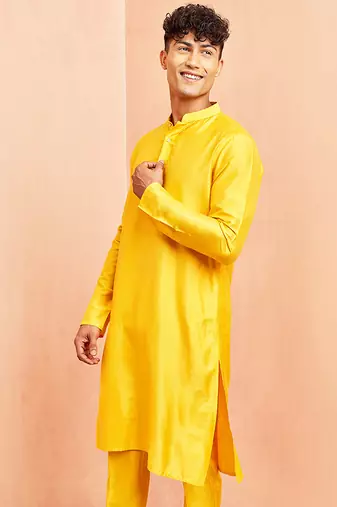 Men yellow viscose kurta - long sleeve mandarin collar festive wedding traditional ethnic wear