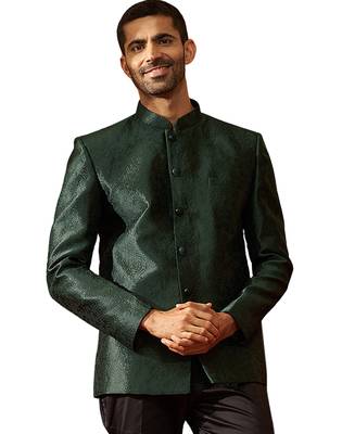 Men bottle green silk jodhpuri - premium jacquard floral wedding party wear 1