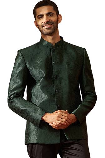 Men bottle green silk jodhpuri - premium jacquard floral wedding party wear