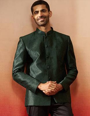 Men bottle green silk jodhpuri - premium jacquard floral wedding party wear 2