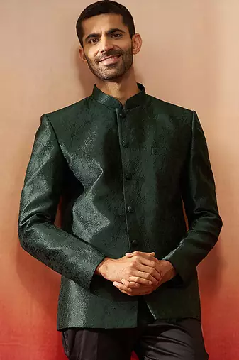 Men bottle green silk jodhpuri - premium jacquard floral wedding party wear