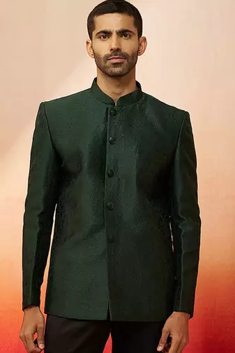 Men bottle green silk jodhpuri - premium jacquard floral wedding party wear